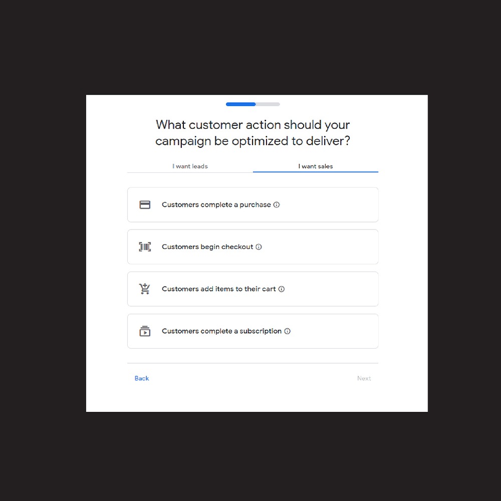 Biranje željene akcije kupca pri kreiranju Google ads kampanje